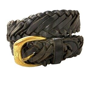 Vintage The Limited Black Leather Braided Woven Belt Womens Size S Taiwan Brass